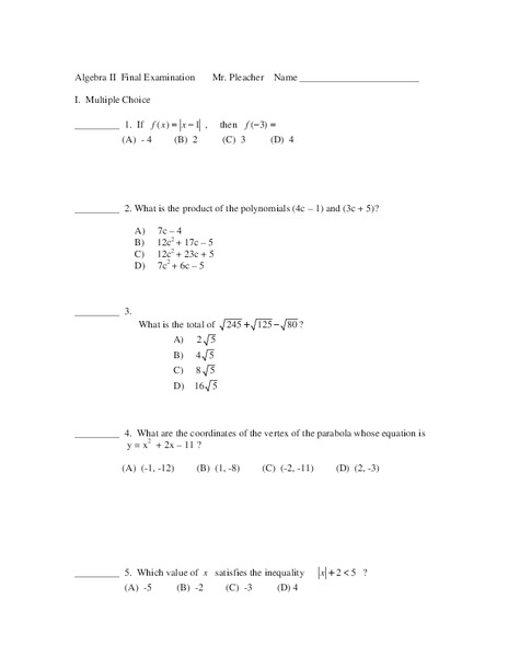 Algebra Exam Lesson Plan