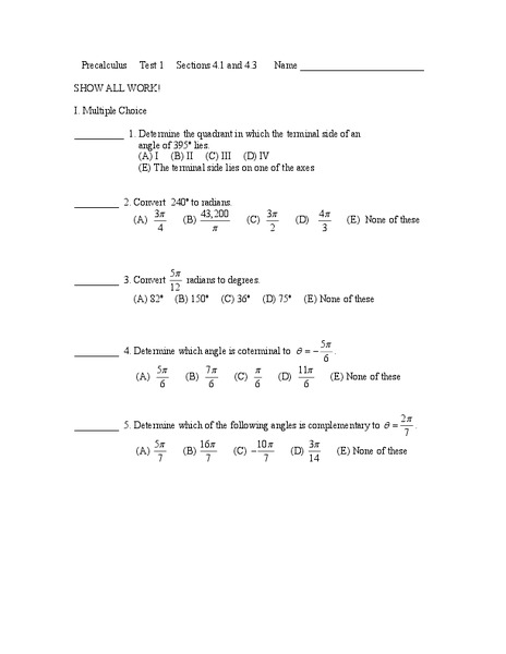 Sixteen Angle Pre-calculus Trig Problems Worksheet