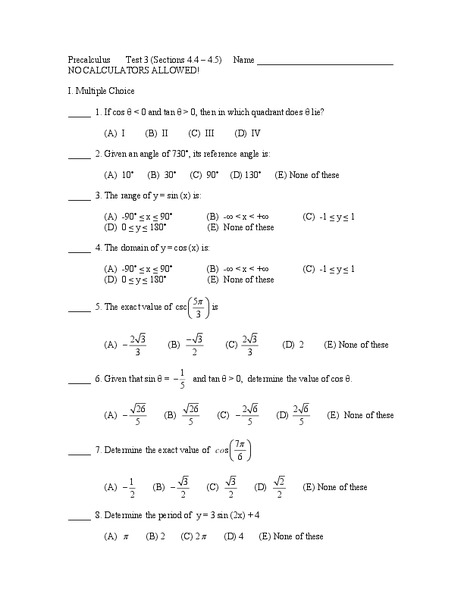 PreCalculus Test 3: Angle Measurement Worksheet