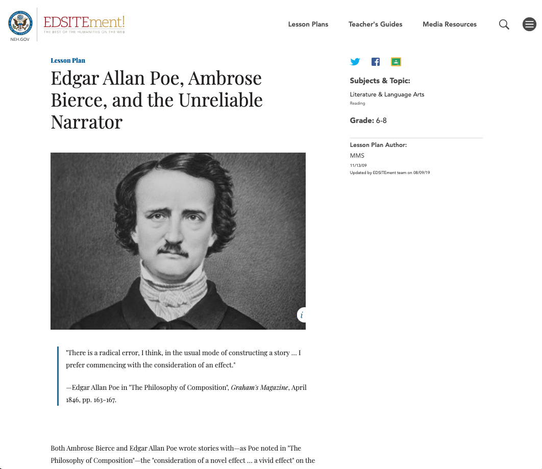 Edgar Allan Poe, Ambrose Bierce, and the Unreliable Narrator Lesson Plan