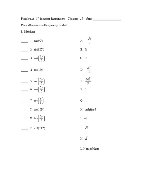 Evaluating Trig equations and Solving Trig Identities Worksheet