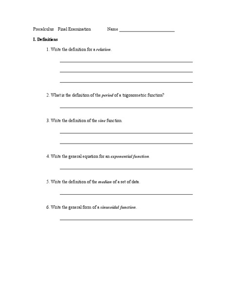 PreCalculus:  Final Examination Worksheet