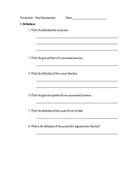 Precalculus Exam Worksheet