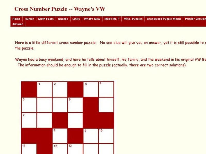 Cross Number Puzzle --Wayne's VW Worksheet
