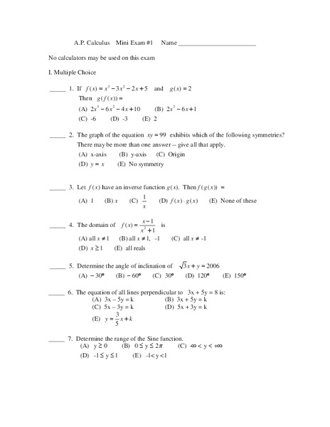 A.P. Calculus Prerequisite No Calculator Multiple-Choice and Free-Response Exam Worksheet