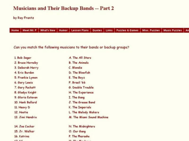 Musicians and Their Backup Bands - Part 2 Worksheet