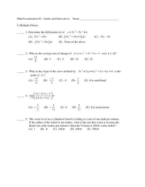 Mini Examination #2 - Limits and Derivatives Worksheet