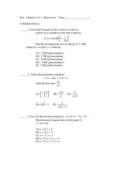 Twenty Multiple Choice and Free Response Derivative Problems Worksheet