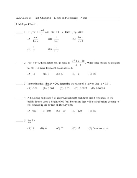 A.P. Calculus Test Chapter 2 Limits and Continuity Organizer