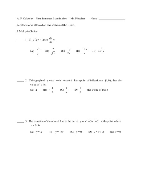 A.P. Calculus - First Semester Esxamination Worksheet