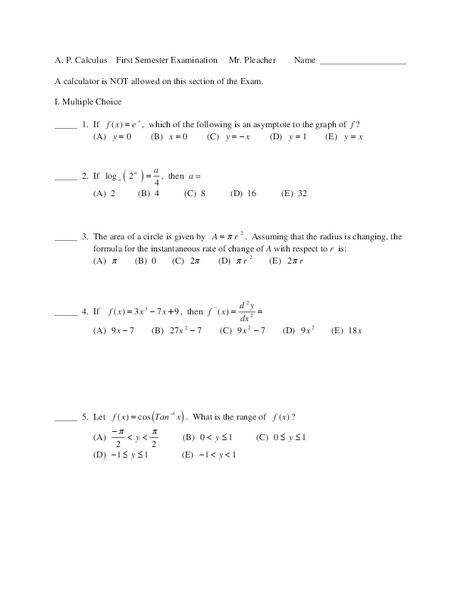 Ap Calculus First Semester Exam Worksheet