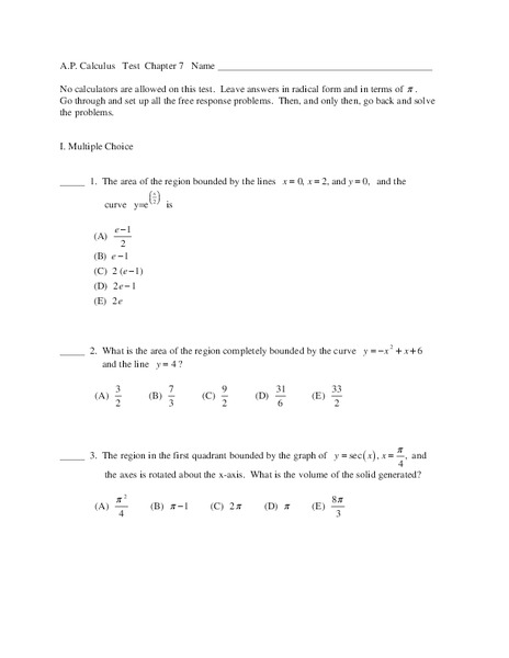 Calculus Test: Integral Worksheet