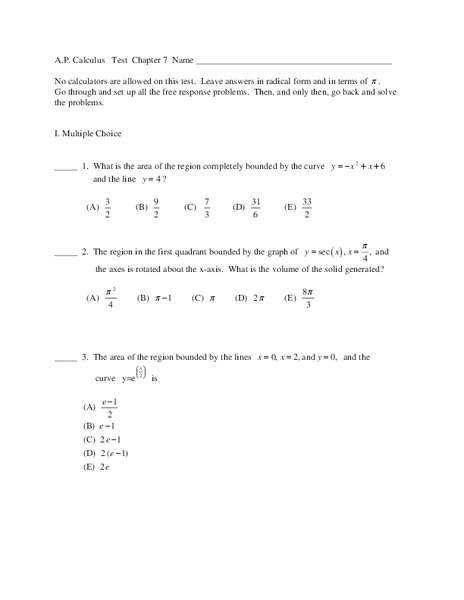 AP Calculus Test Chapter 7 Worksheet