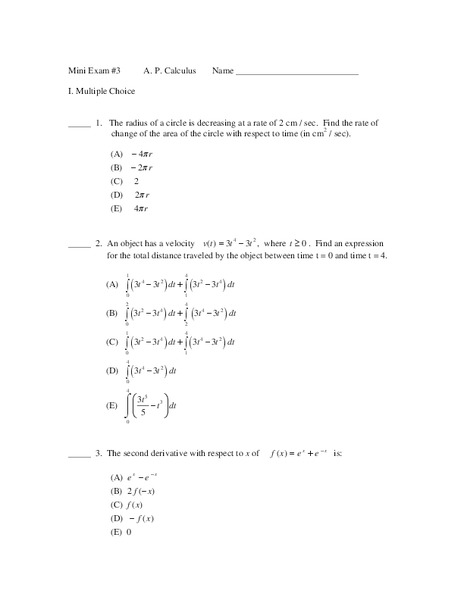 A.P. Calculus Test Covering Limits, Derivatives, and Integrals Worksheet