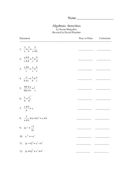 True or False Algebraic Statements Interactive