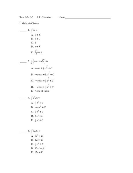 Integrals Involving Trig. Functions Worksheet