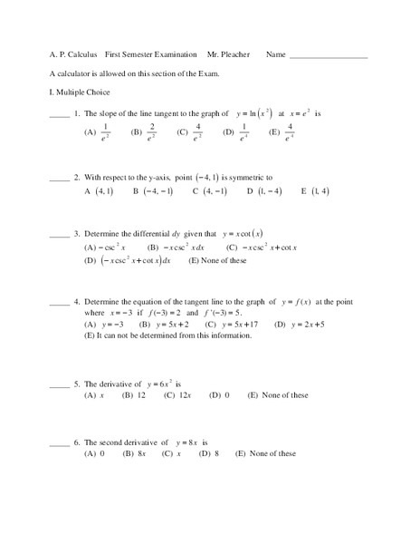 A.P. Calculus - First Semester Examination Worksheet