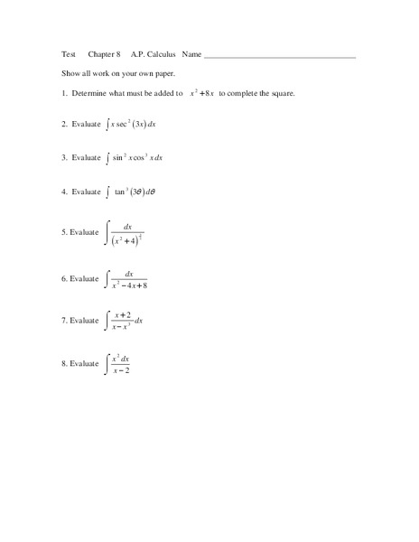 Seventeen Various Integral Problems Worksheet