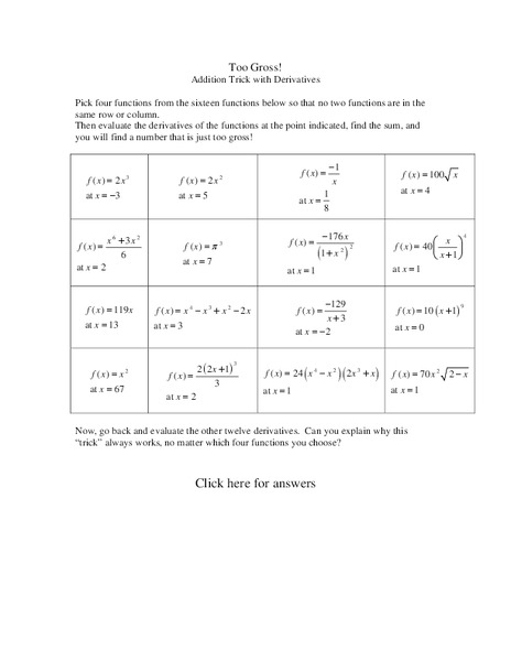 Too gross! Addition Tricks with Derivatives Worksheet