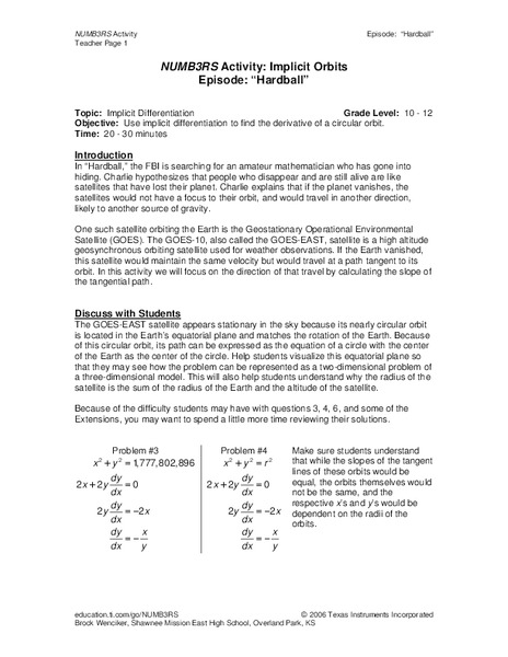 NUMB3RS Activity: Implicit Orbits Worksheet