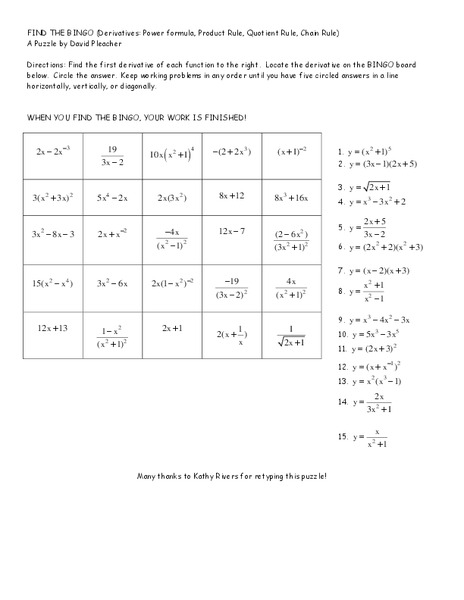 Bingo: Derivatives, Power Rule, Product Rule, Quotient Rule Worksheet