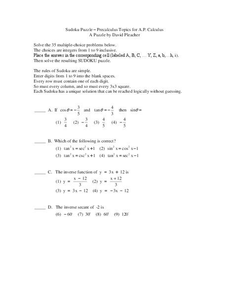 Pre-Calculus Sudoku Puzzle Worksheet