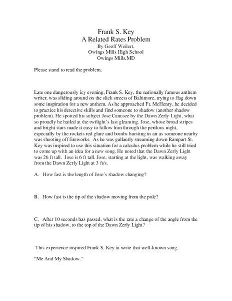 A Related Rate Problem Worksheet