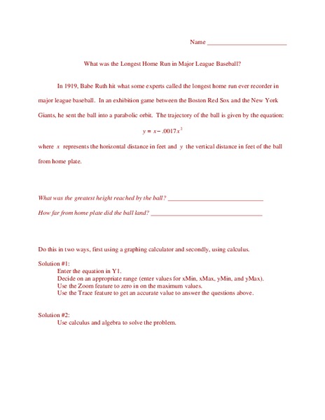 Longest Home Run Worksheet