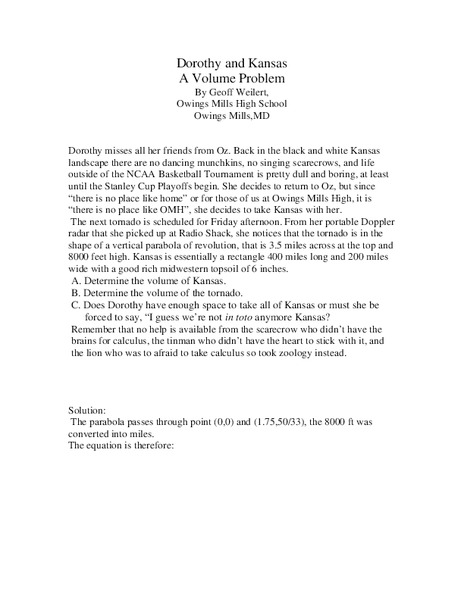 Dorothy and Kansas: A Volume Problem Worksheet