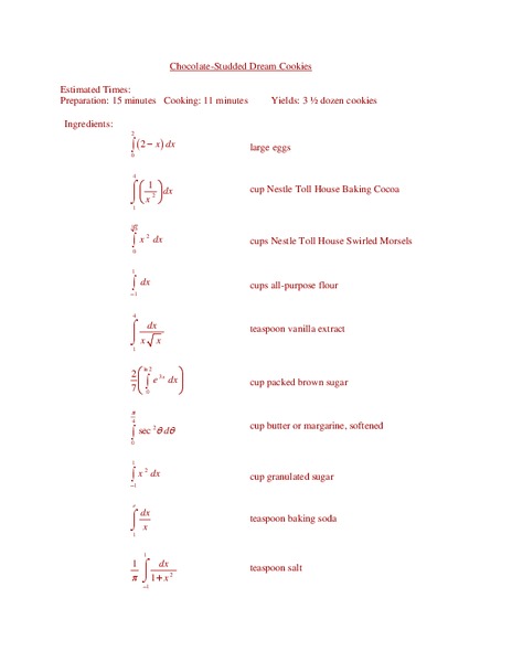 Cookie Recipe: Integrals Worksheet