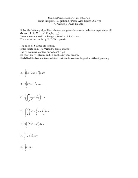 Sudoku Puzzle: Definite Integrals Worksheet