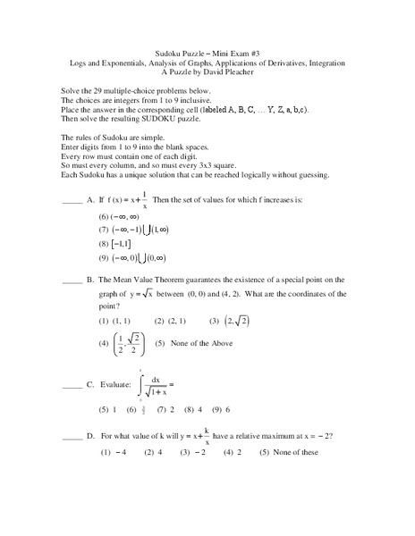 Sudoku Puzzle: Logs and Exponentials Worksheet