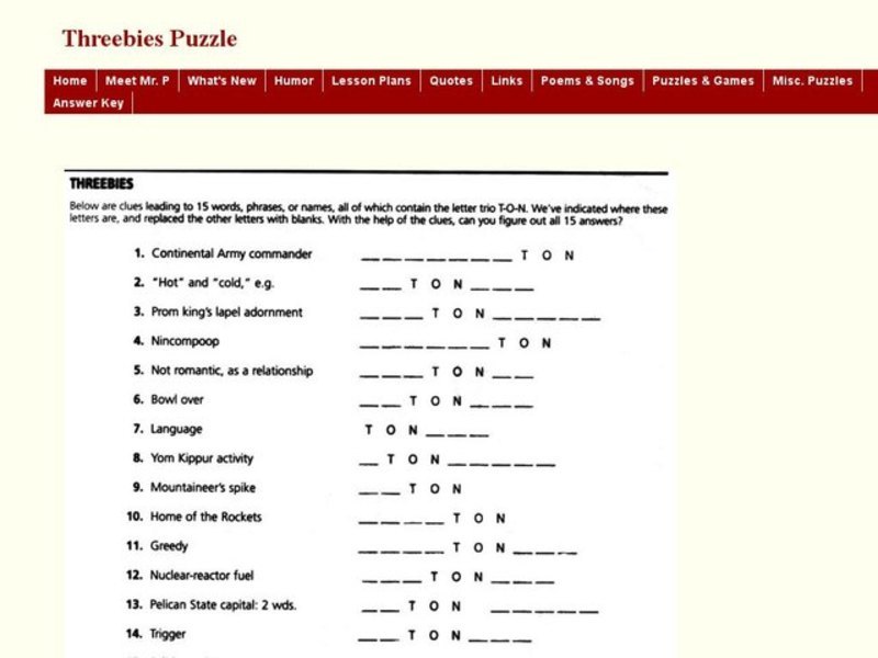 "Threebies "Word Puzzle Worksheet