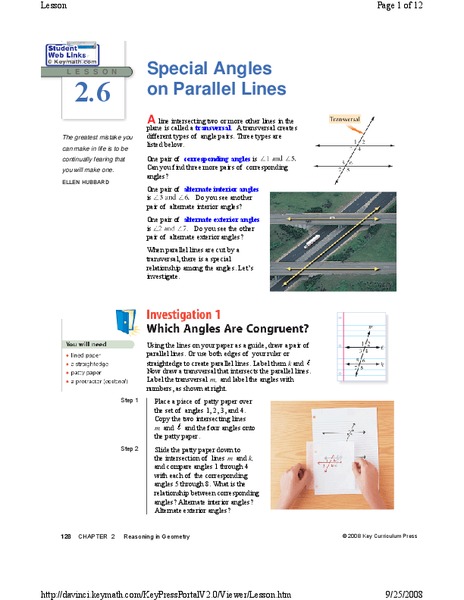 Special Angles on Parallel Lines Lesson Plan