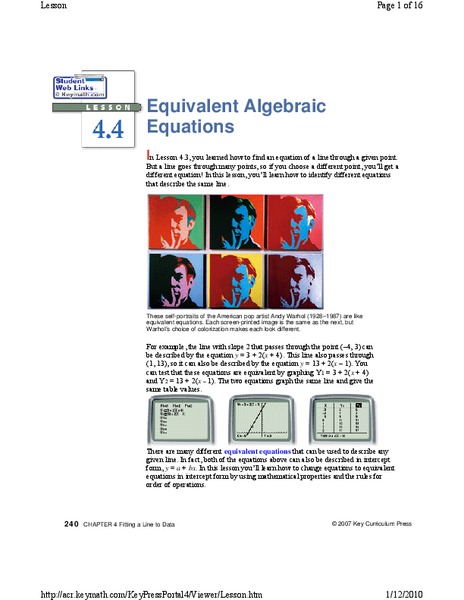 Equivalent Algebraic Equations Lesson Plan