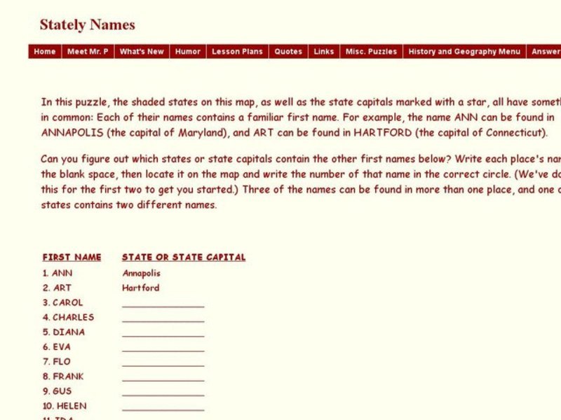 Stately Names Lesson Plan