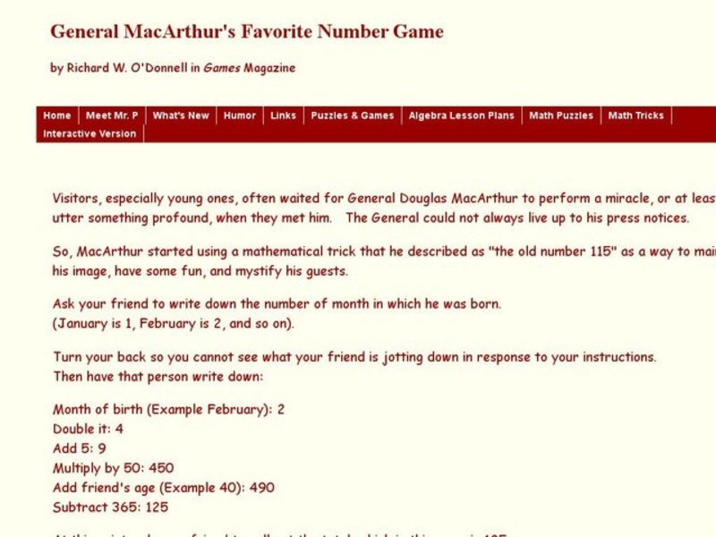 General MacArthur's Favorite Number Game Worksheet