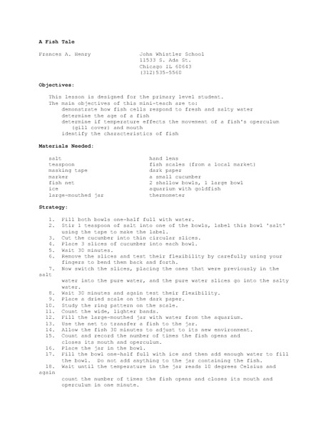 A Fish Tale Lesson Plan