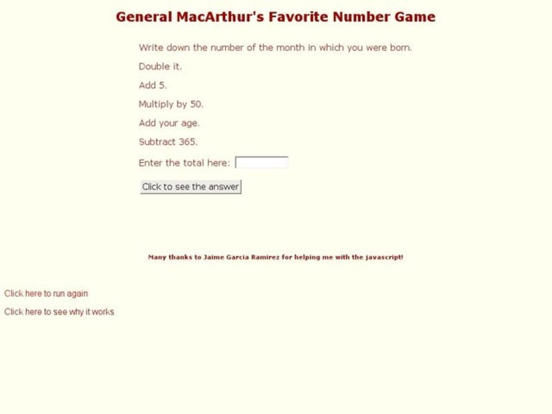 Birth Month Number Game Interactive