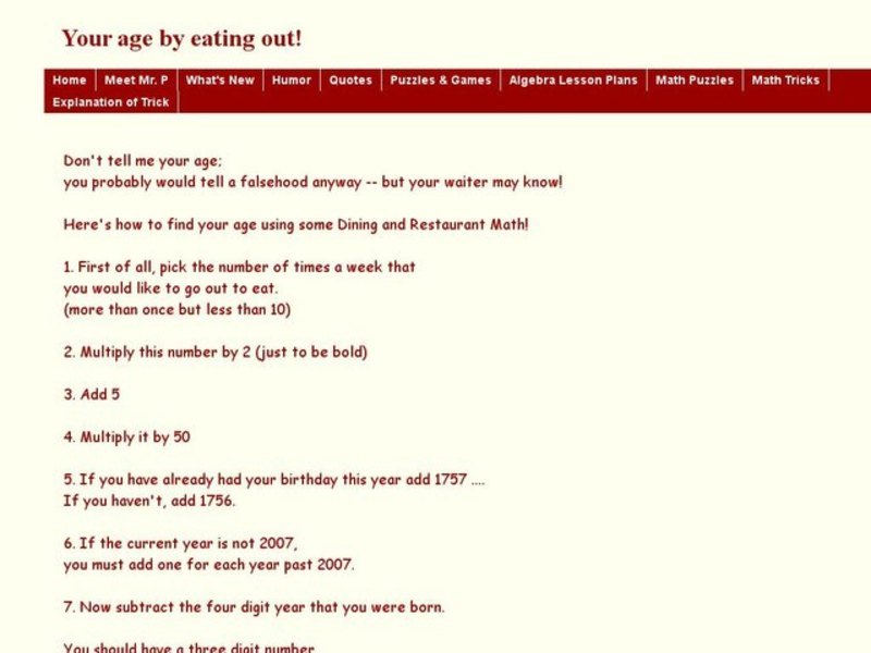 Your Age By Eating Out! Worksheet