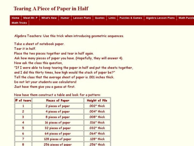 Tearing a Piece of Paper in Half Worksheet