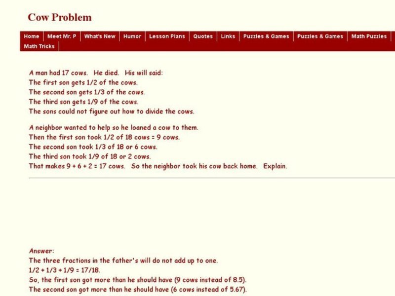 Cow Problem Worksheet