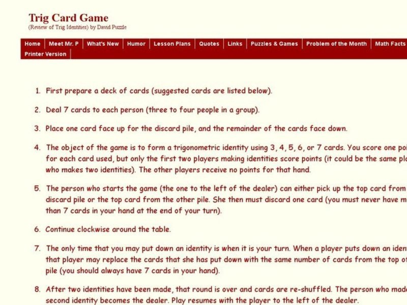 Trig Card Game (Review of Trig Identities) Worksheet