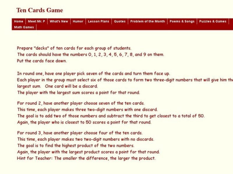 Ten Cards Game Worksheet