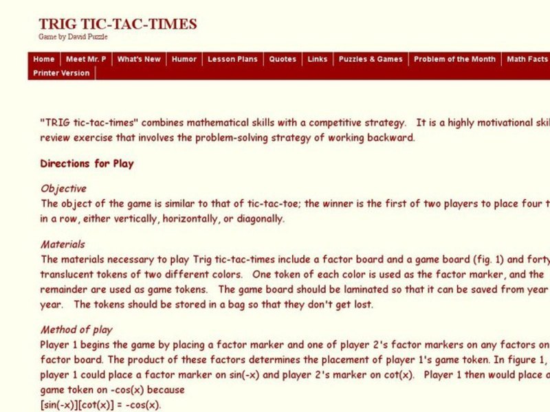 Trig Tic-Tac-Times Worksheet