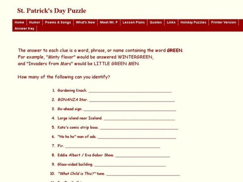 Eighteen St. Patrick's Day Word Puzzle Problems Interactive