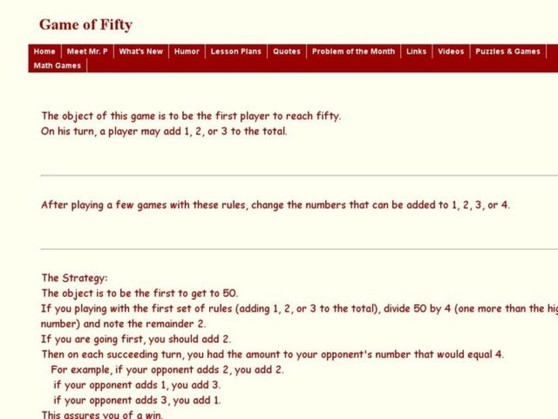 Game of Fifty Worksheet