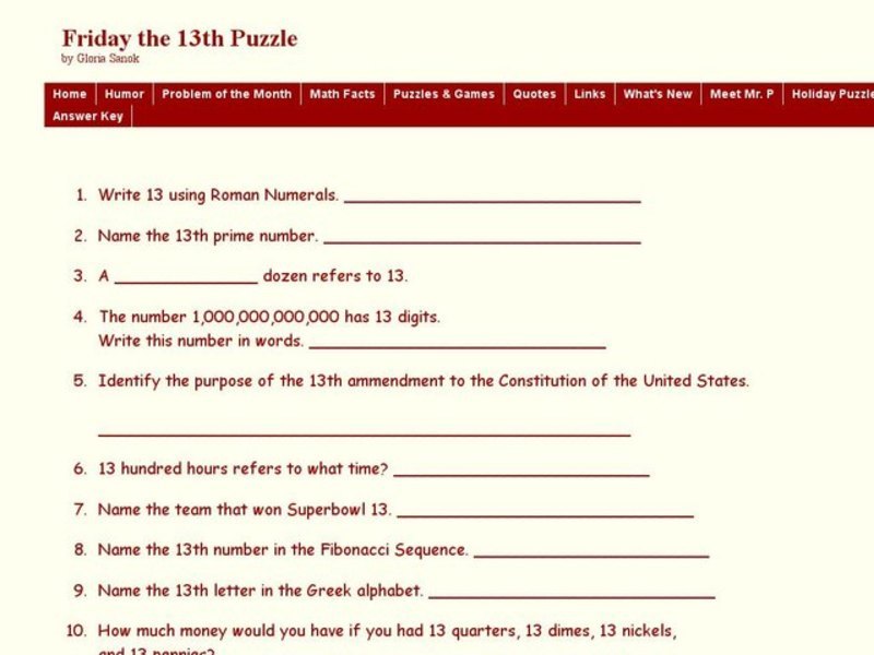 Friday the 13th Worksheet