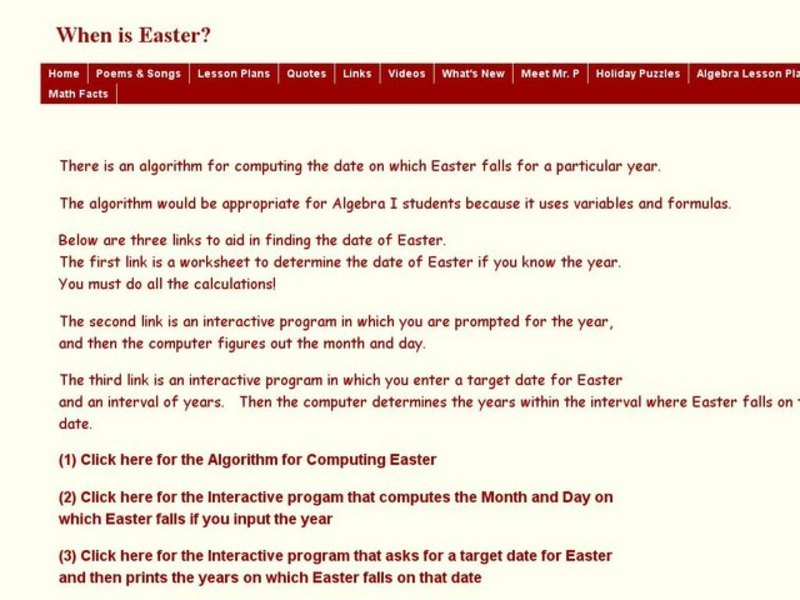 Links to algorithms for computing the date on which Easter falls Interactive