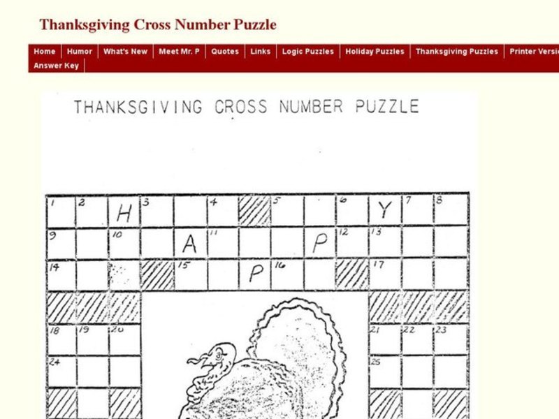 Thanksgiving Cross Number Puzzle Worksheet